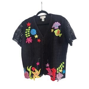 Vintage Hampshire Studio Ocean Knit Cardigan Women’s L Black Colorful Appliqué